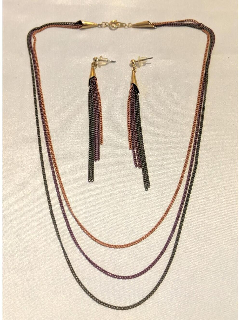 VTG Tri-tone Chain Necklace & Dangle Earrings Set NOS Terracotta Purple Dk Gray